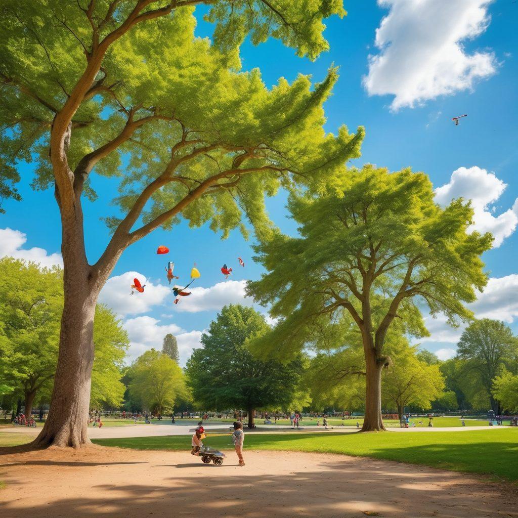 A vibrant park scene filled with children of diverse backgrounds laughing and engaging in fun activities like kite flying, skateboard tricks, and playing with colorful toys. Include lush green trees, a bright blue sky with fluffy clouds, and an assortment of playful animals around. The atmosphere should feel joyful and energetic, capturing the essence of youthful amusement. super-realistic. vibrant colors. sunny background.