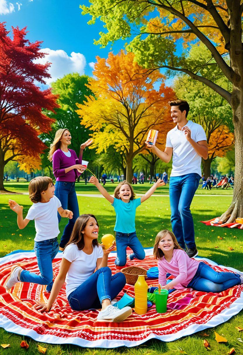 A joyful family engaged in various fun activities in a vibrant park setting, showcasing a picnic, frisbee, and kite flying, with colorful trees and blue skies in the background. Children laughing, parents smiling, and a cozy picnic blanket spread out. The image captures the essence of bonding and recreation. super-realistic. vibrant colors.