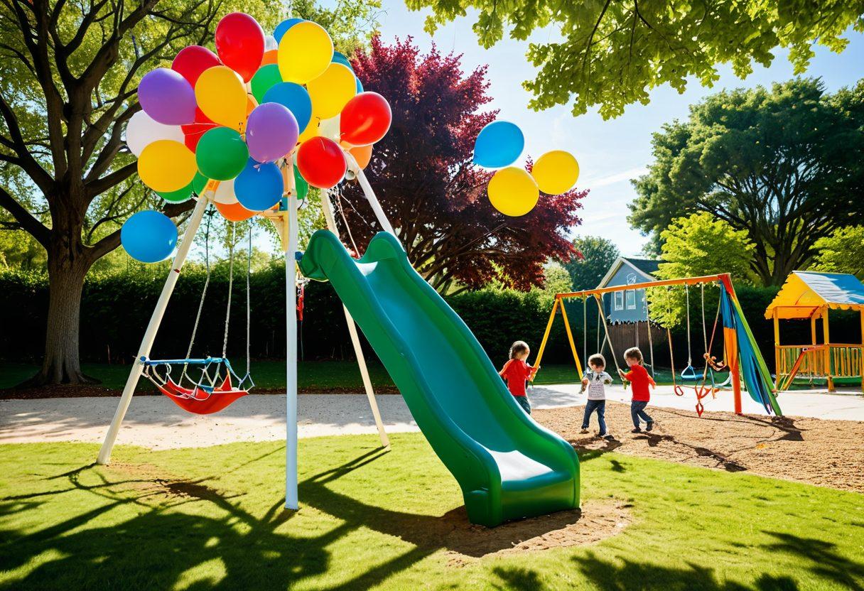 A vibrant playground scene featuring a diverse group of children engaging in various fun activities like swinging, climbing, and playing tag. Bright colors showcasing a sunny day, with balloons and playful decorations around. Include elements like a colorful slide, a sandbox, and trees in the background, suggesting a lively atmosphere full of laughter and joy. super-realistic. vibrant colors. white background.